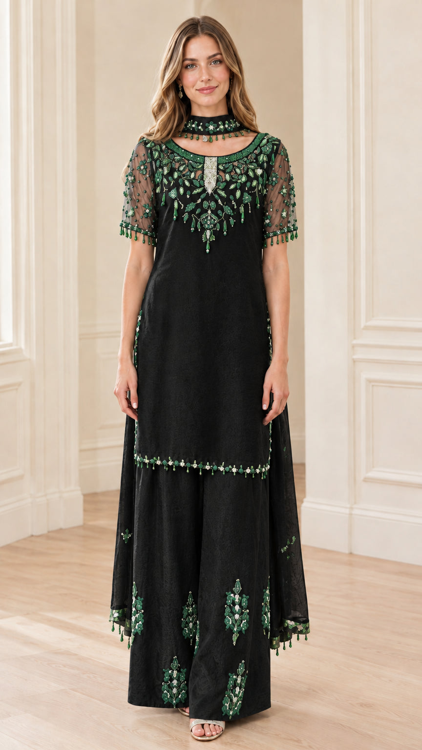 Full front view of Black beaded tunic and wide-leg palazzo pant set