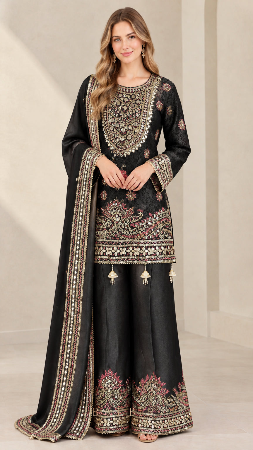 Front view of woman wearing Black embroidered sharara suit set with dupatta
