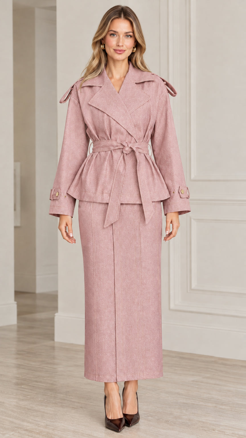 Front view of model wearing Blush Pink belted trench jacket and maxi skirt set