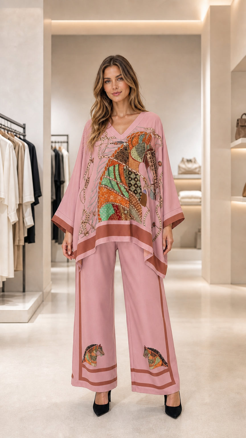 Dusty pink equestrian print V-neck poncho top and wide-leg trousers set