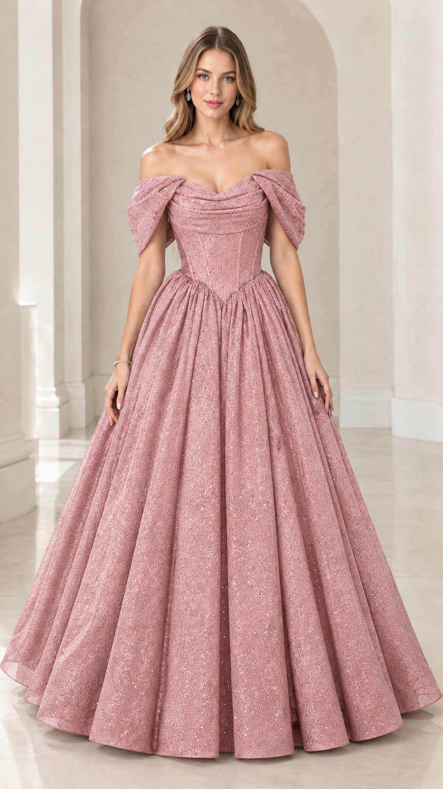 Dusty pink off-the-shoulder shimmering formal ball gown dress