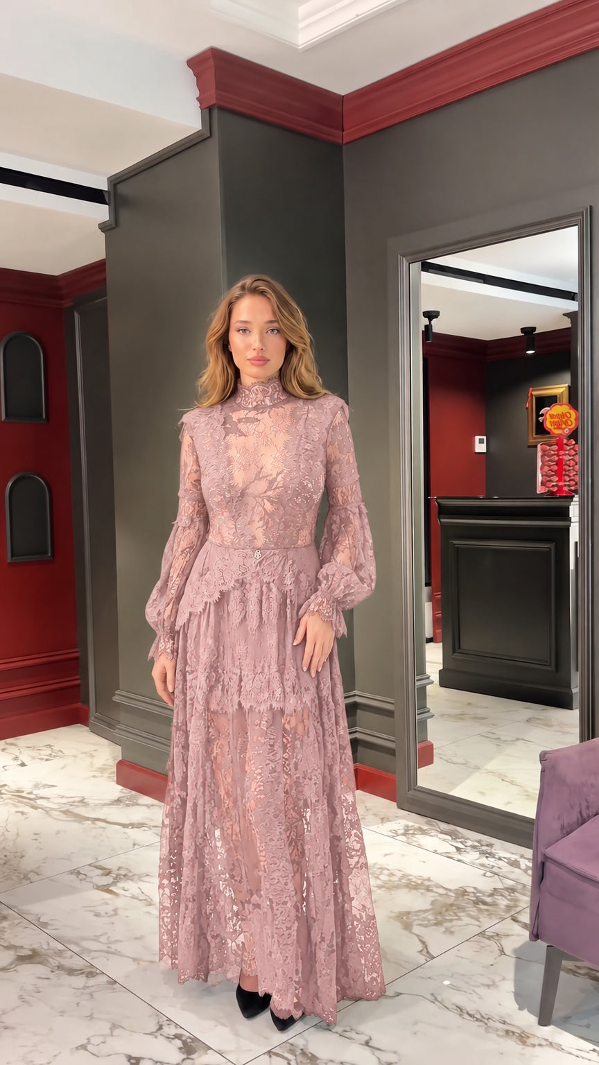 Dusty Rose floral lace high-neck long-sleeve evening maxi dress