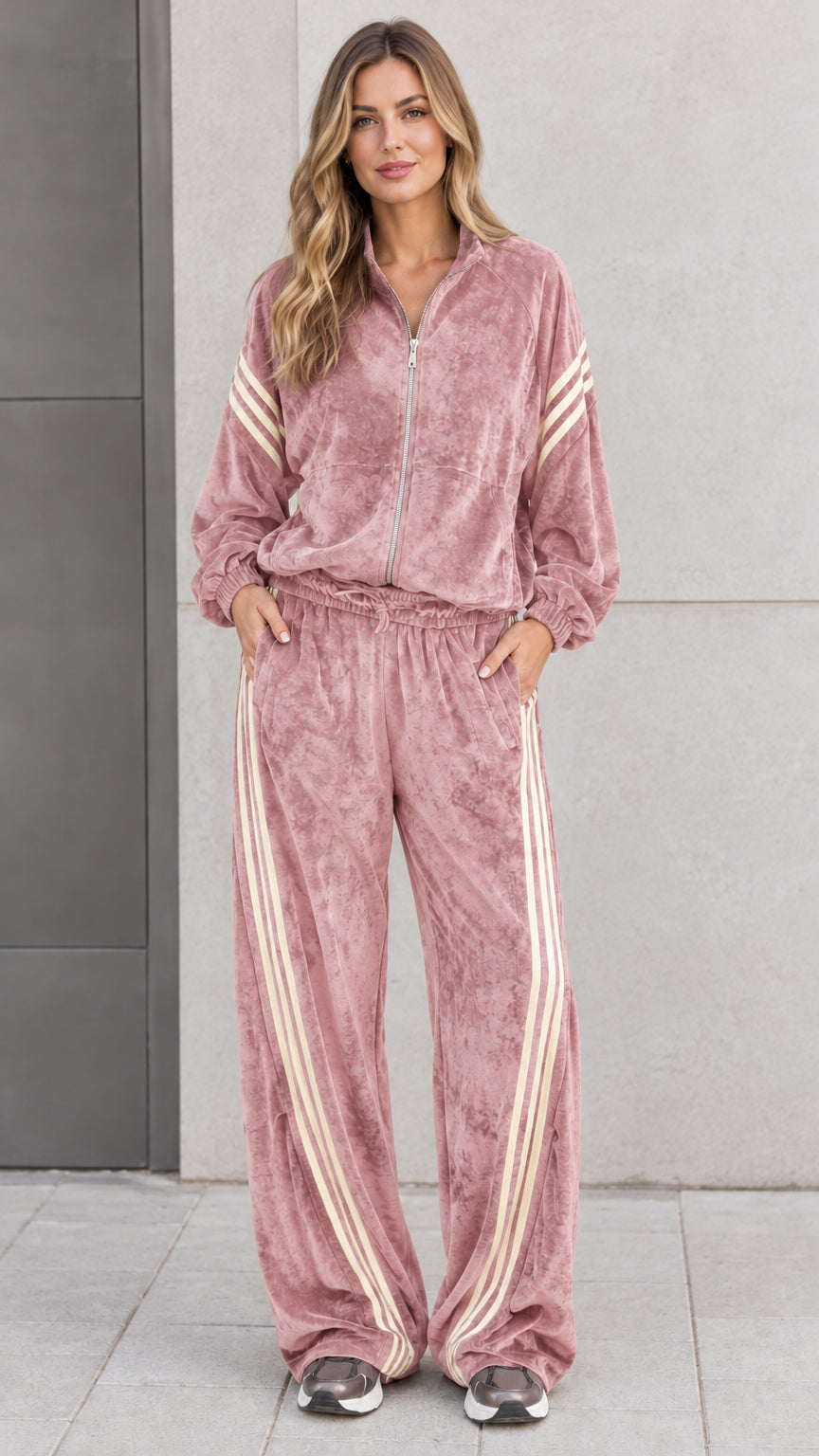 Front view of model wearing dusty rose pink velour tracksuit set with cream stripes