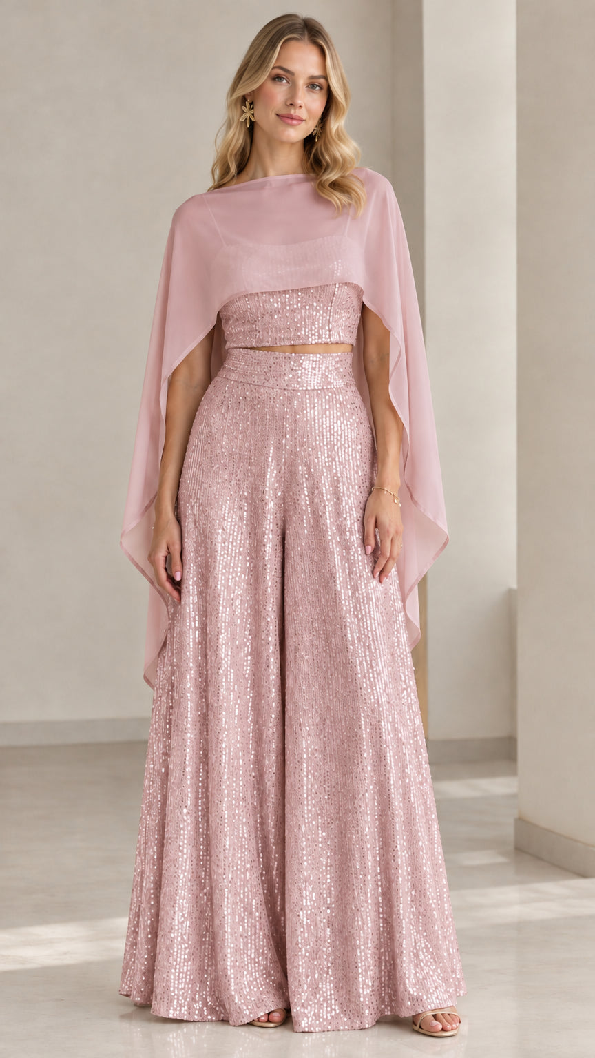 Blush pink shimmering sequin two piece pant set with sheer pink capelet overlay