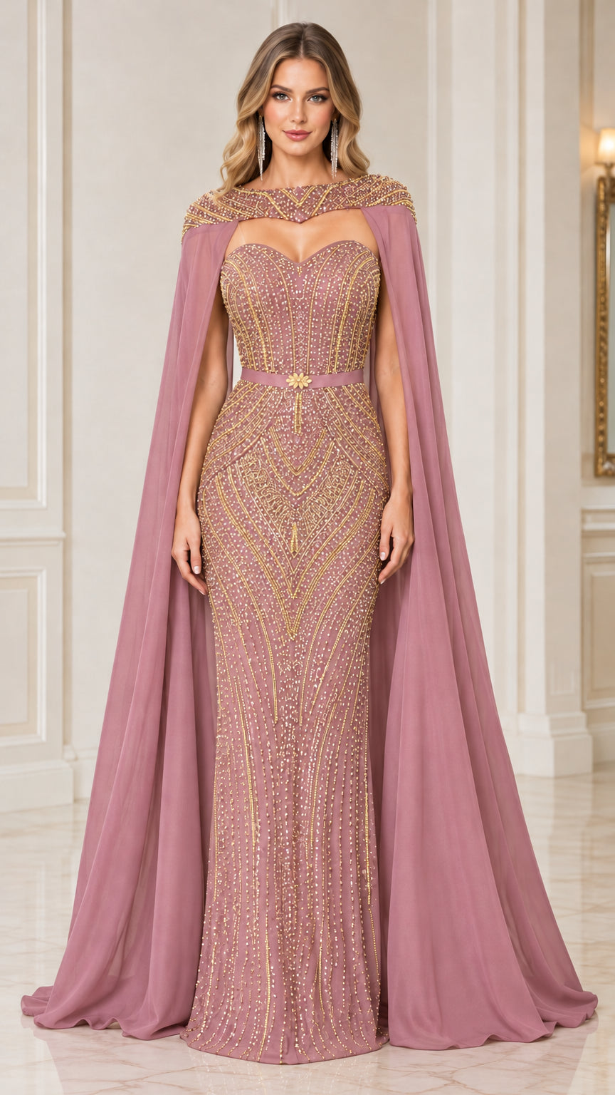 Dusty rose embellished maxi gown with flowing cape sleeves