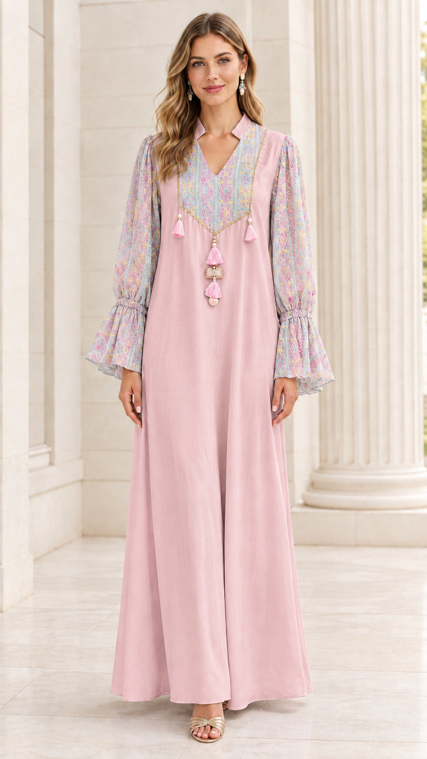Blush Pink embroidered yoke bell sleeve maxi dress