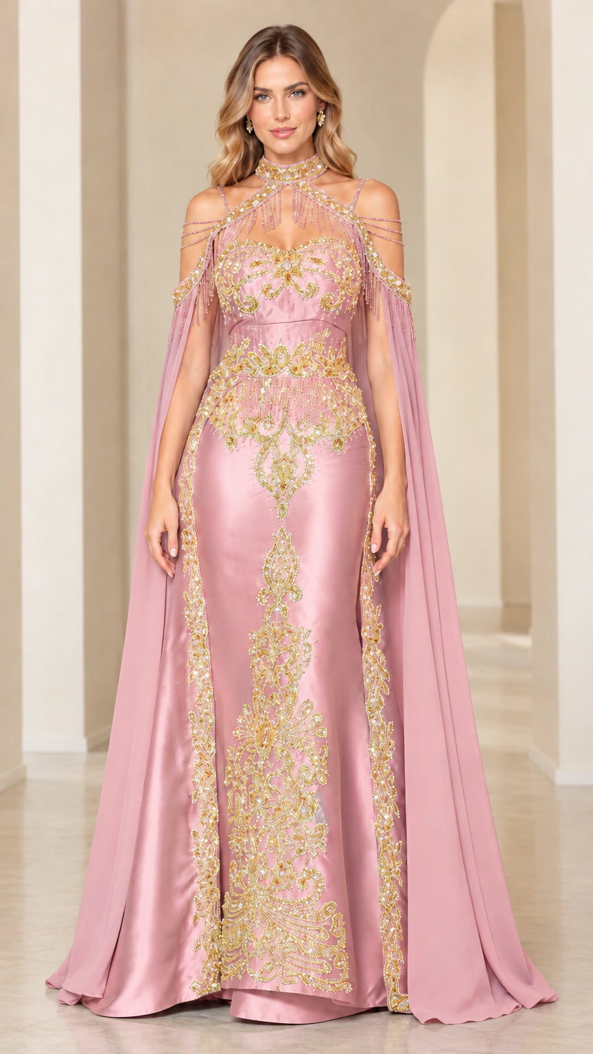 Blush pink evening gown with gold embroidered detailing and attached floor-length cape