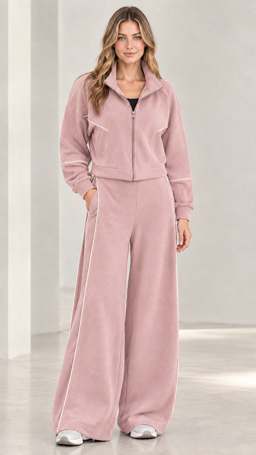 Front view of woman wearing dusty pink contrast piping wide leg tracksuit set