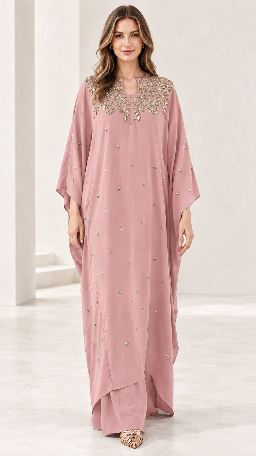 Front view of dusty rose embroidered beaded kaftan maxi dress