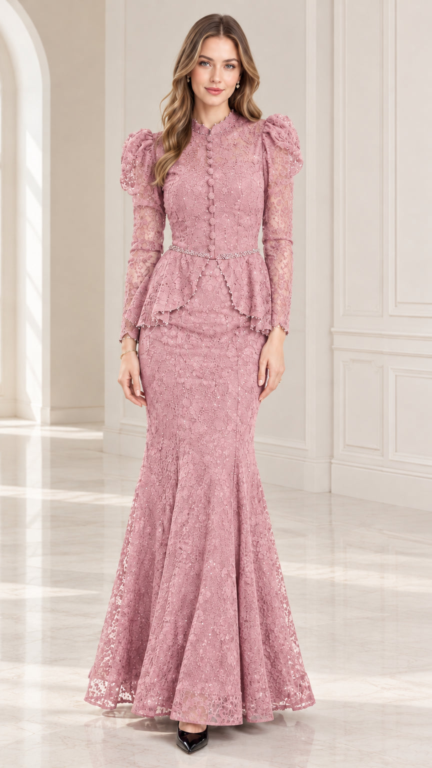 Model wearing dusty rose pink lace peplum mermaid evening gown