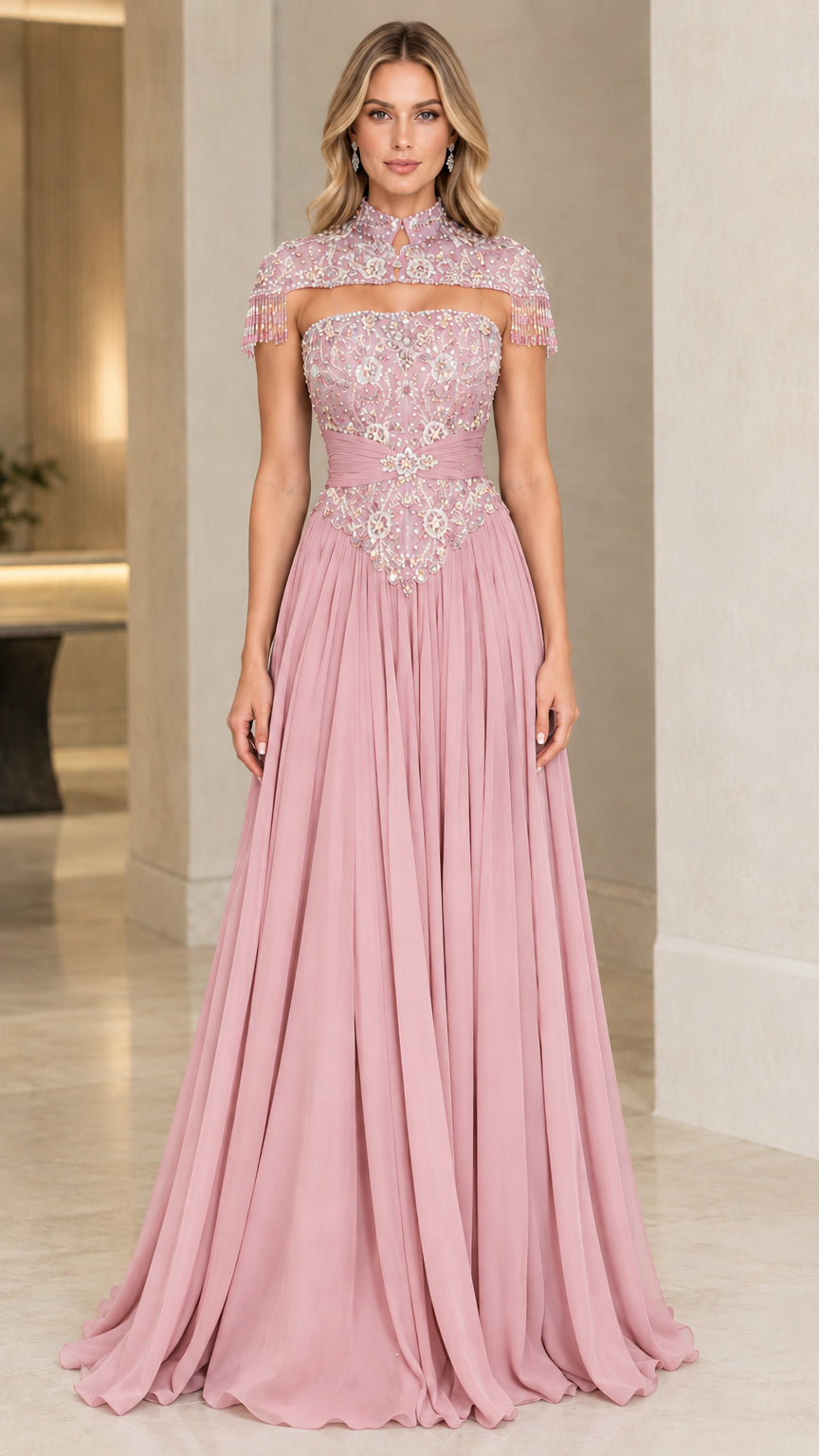 Dusty pink embellished high-neck formal evening gown
