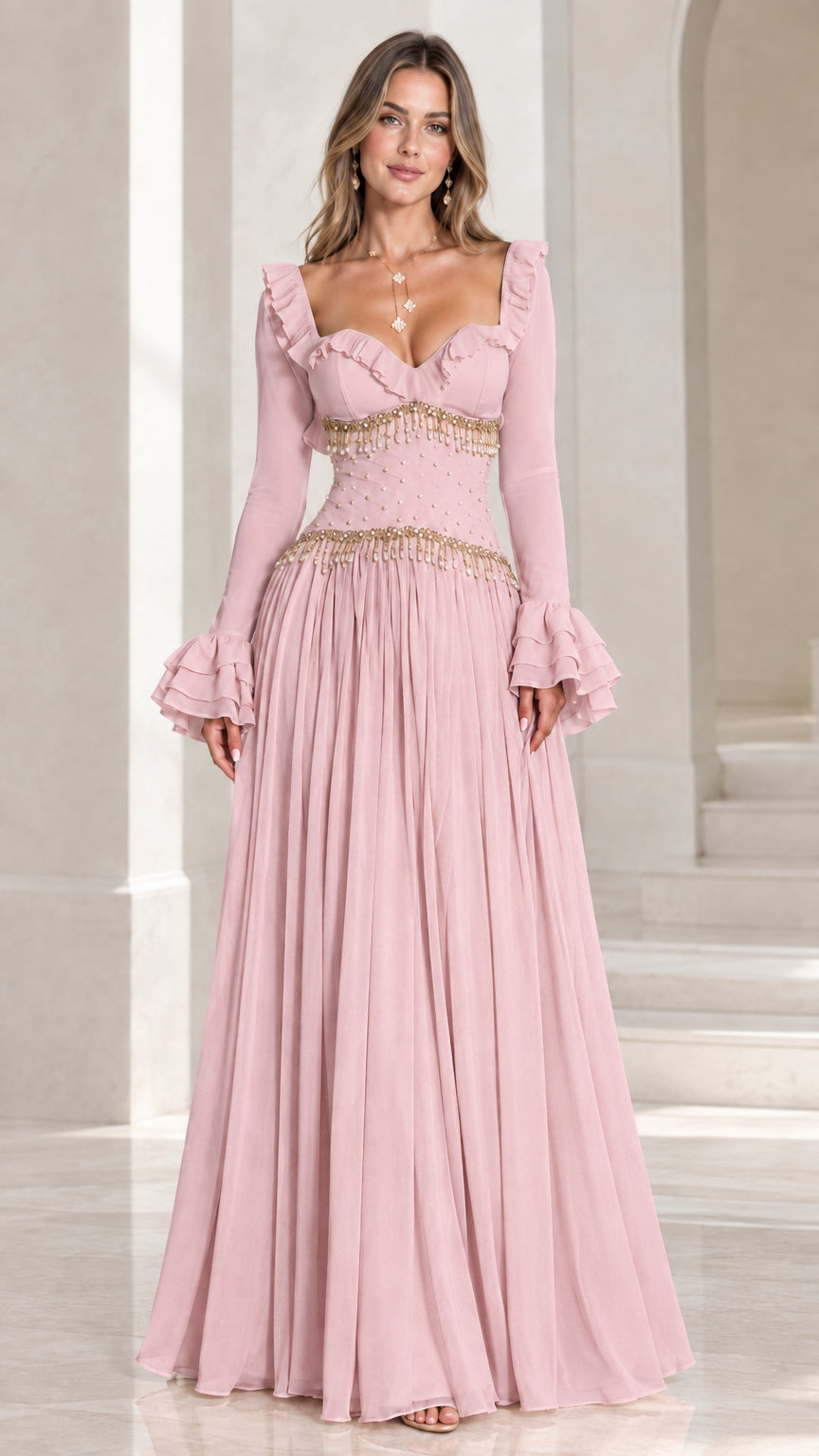 Dusty Rose sweetheart tiered sleeve formal gown front view