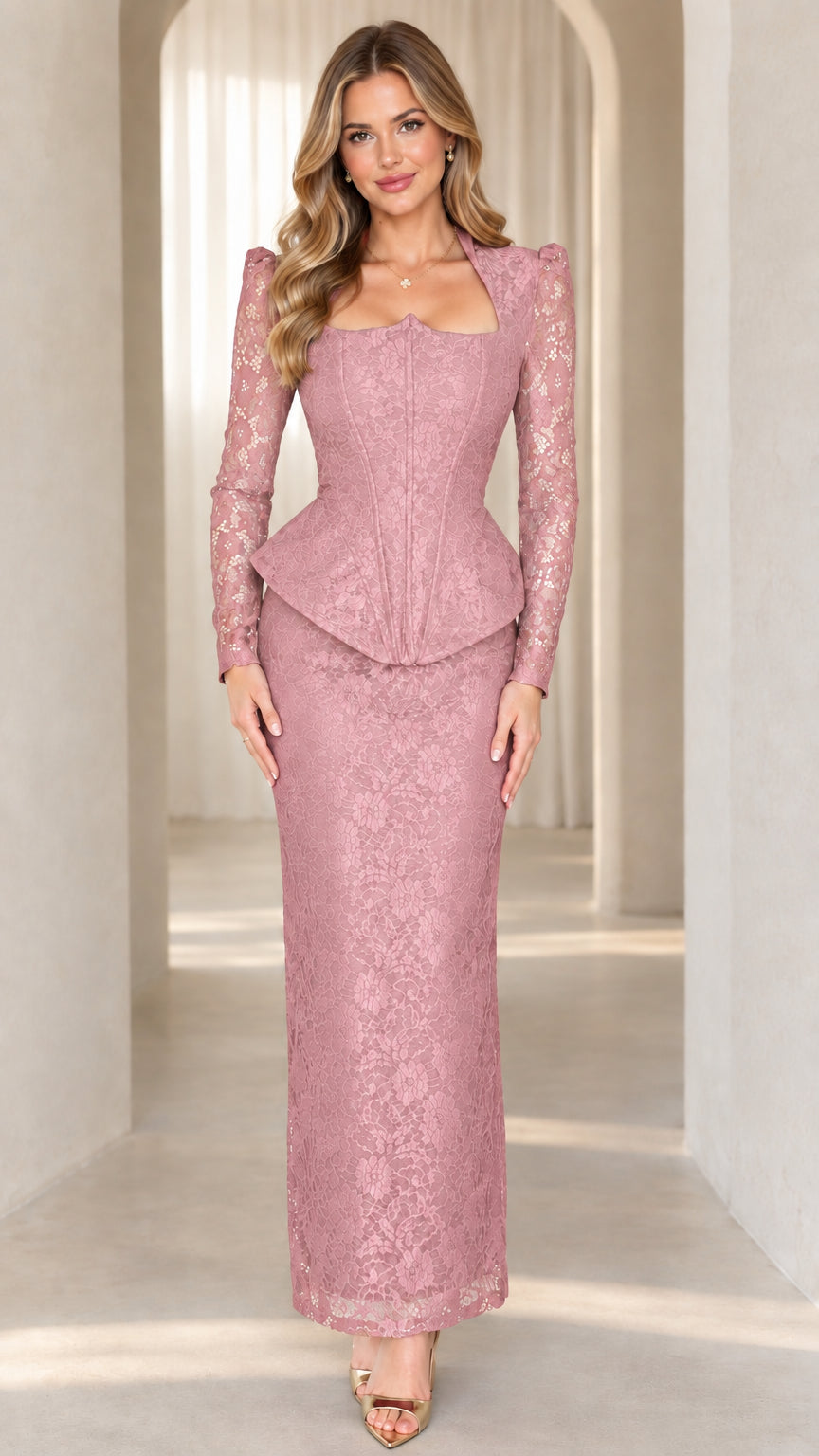 Woman wearing dusty rose pink floral lace corset peplum evening dress