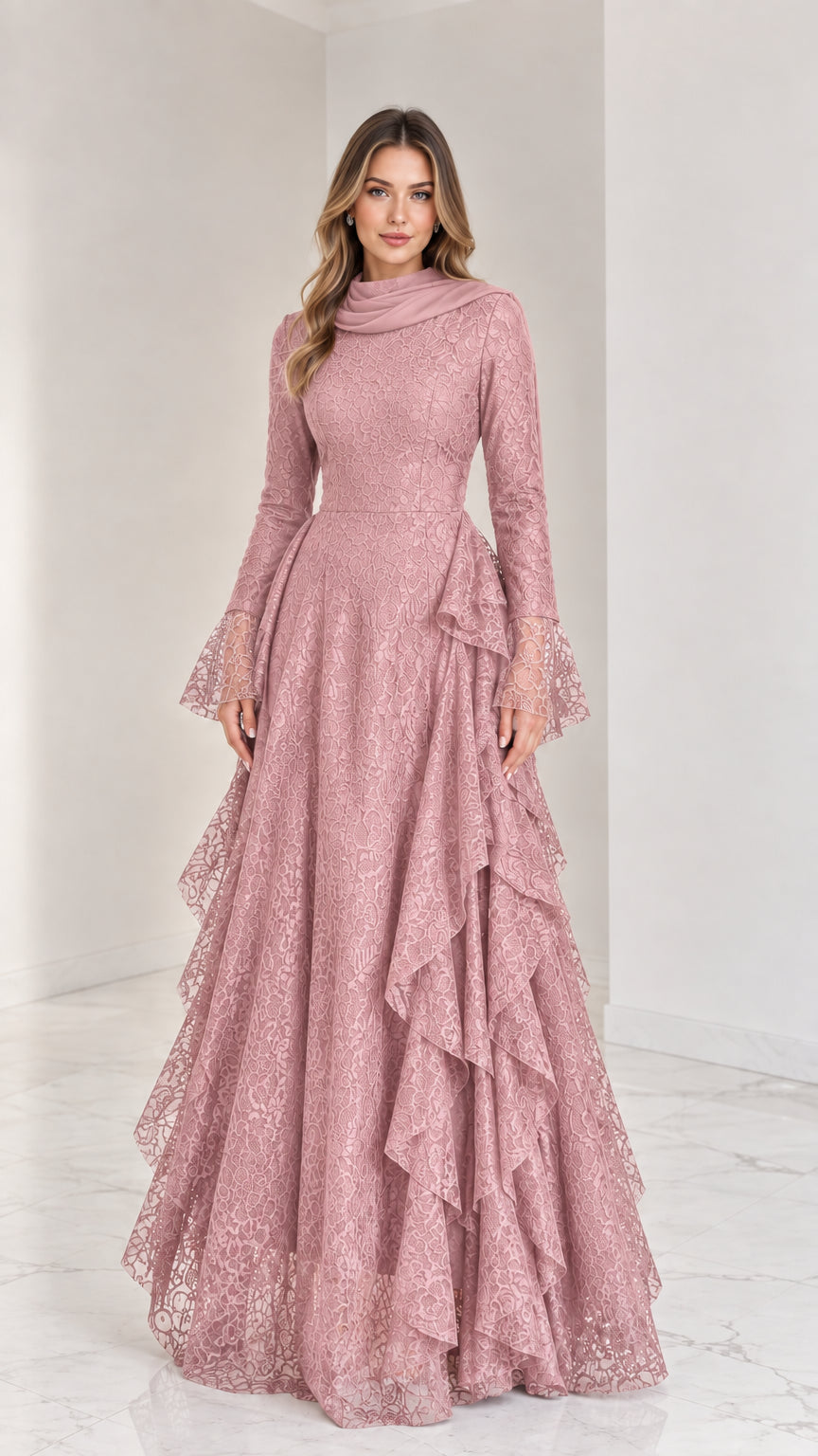 Modest dusty pink long sleeve lace maxi dress with side cascading ruffles