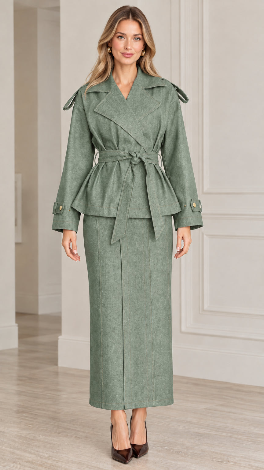 Front view of model wearing Sage Green belted trench jacket and maxi skirt set