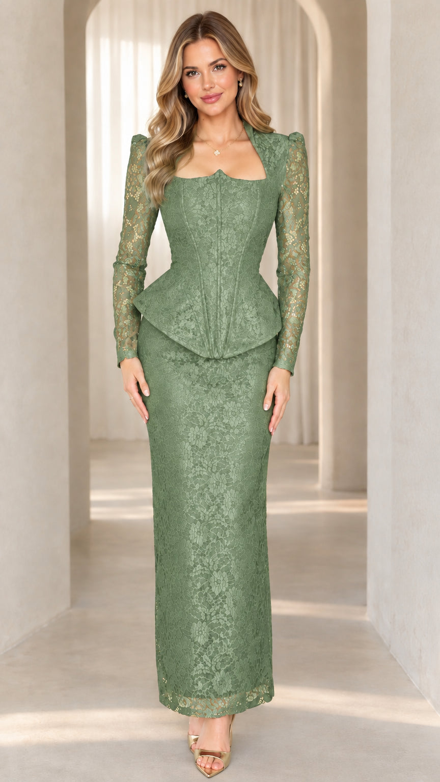 Woman wearing sage green floral lace corset peplum maxi dress