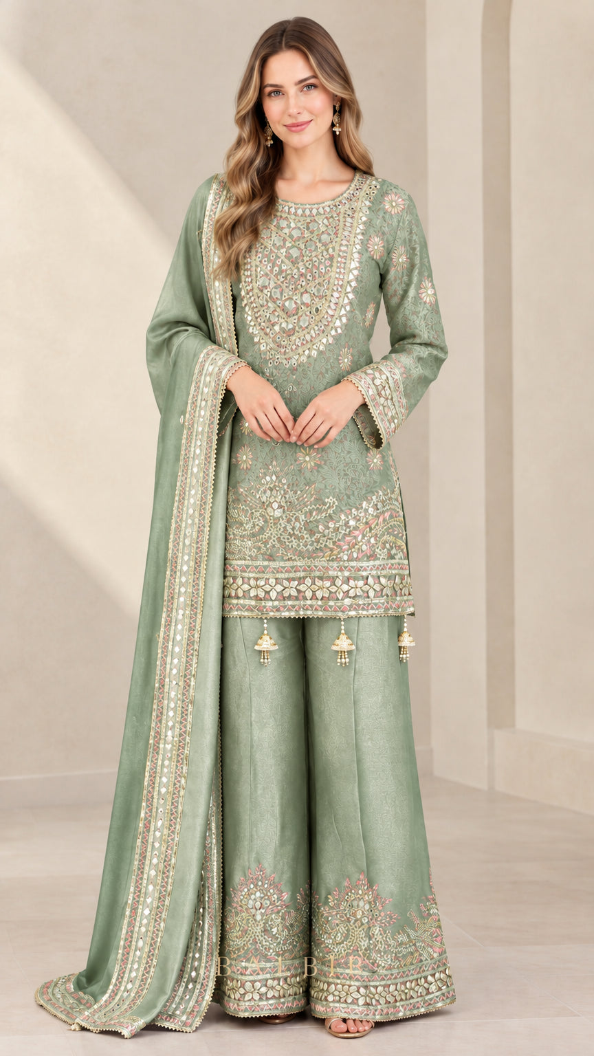Front view of woman wearing Sage Green embroidered sharara suit set with dupatta