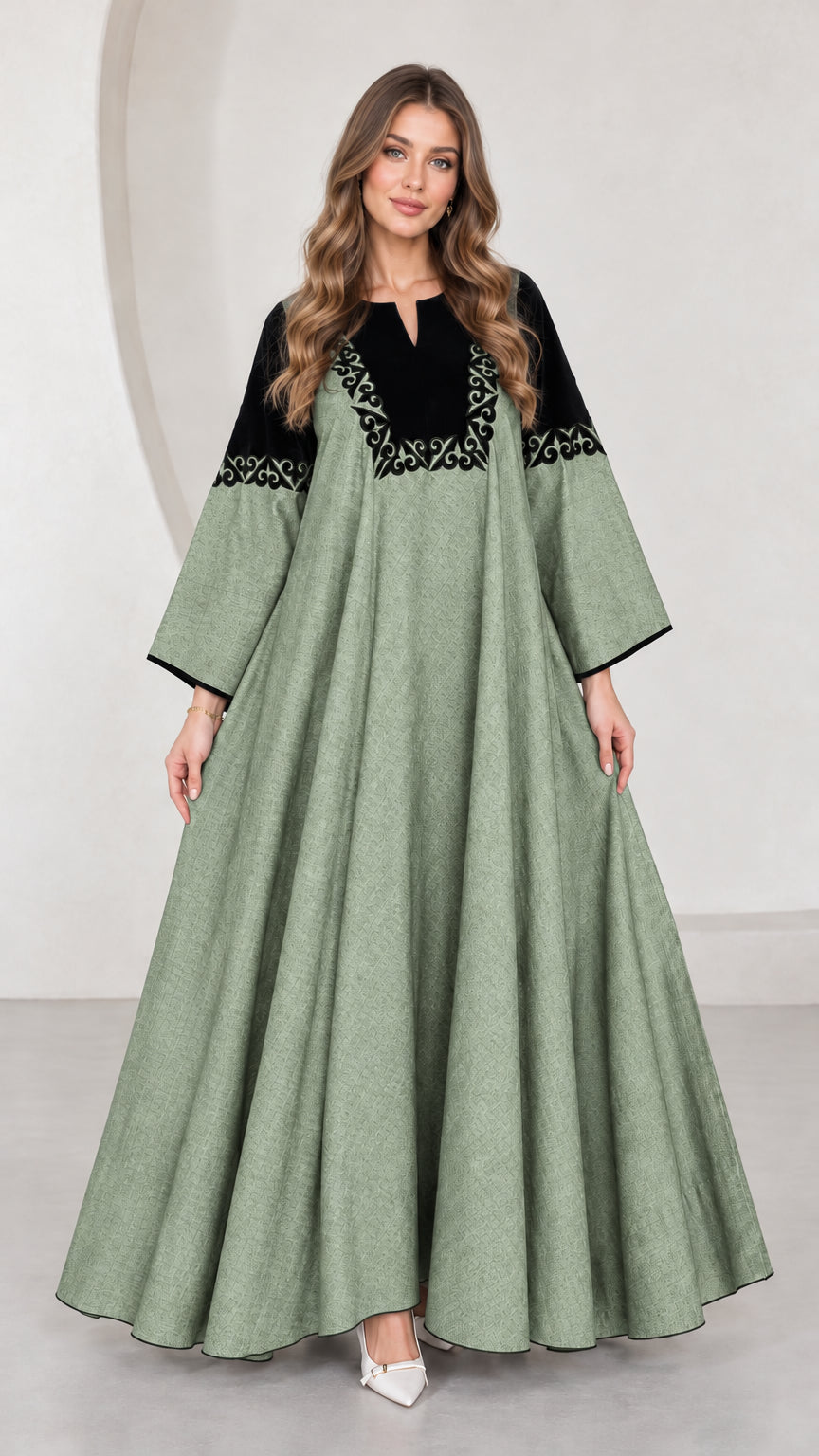 Front view of sage green embroidered contrast yoke maxi dress