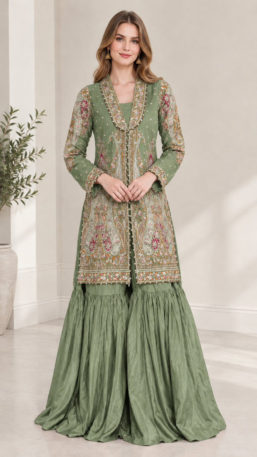 Woman wearing Sage Green embroidered jacket and flared trousers set