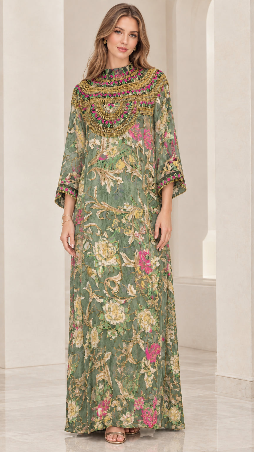 Front view of sage green floral embellished kaftan maxi dress
