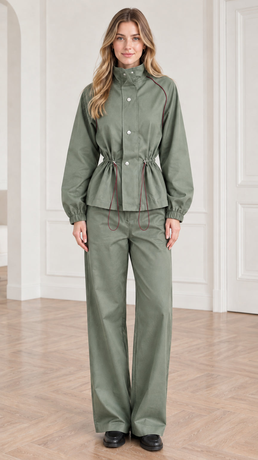 Front view of woman wearing sage green two-piece utility jacket and pant set