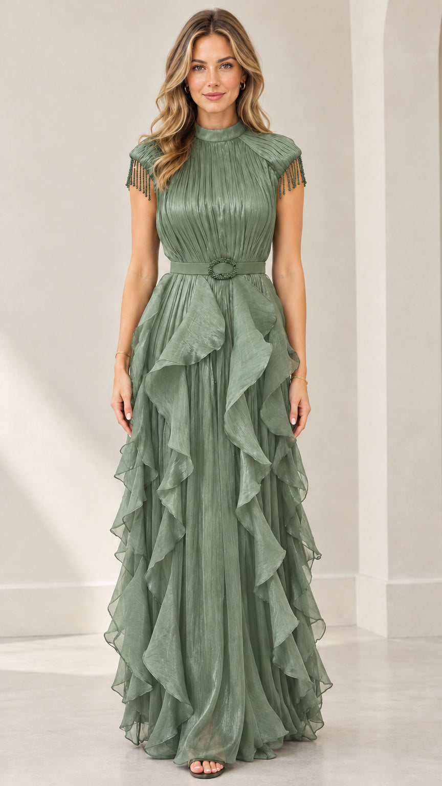 Front view of woman wearing sage green pleated tiered ruffle formal evening gown