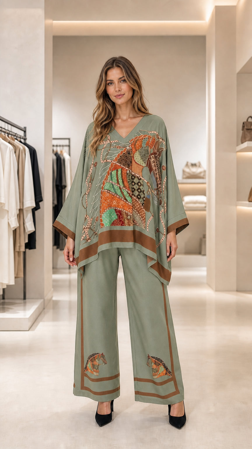 Sage green scarf print poncho tunic and matching wide-leg pants two-piece set