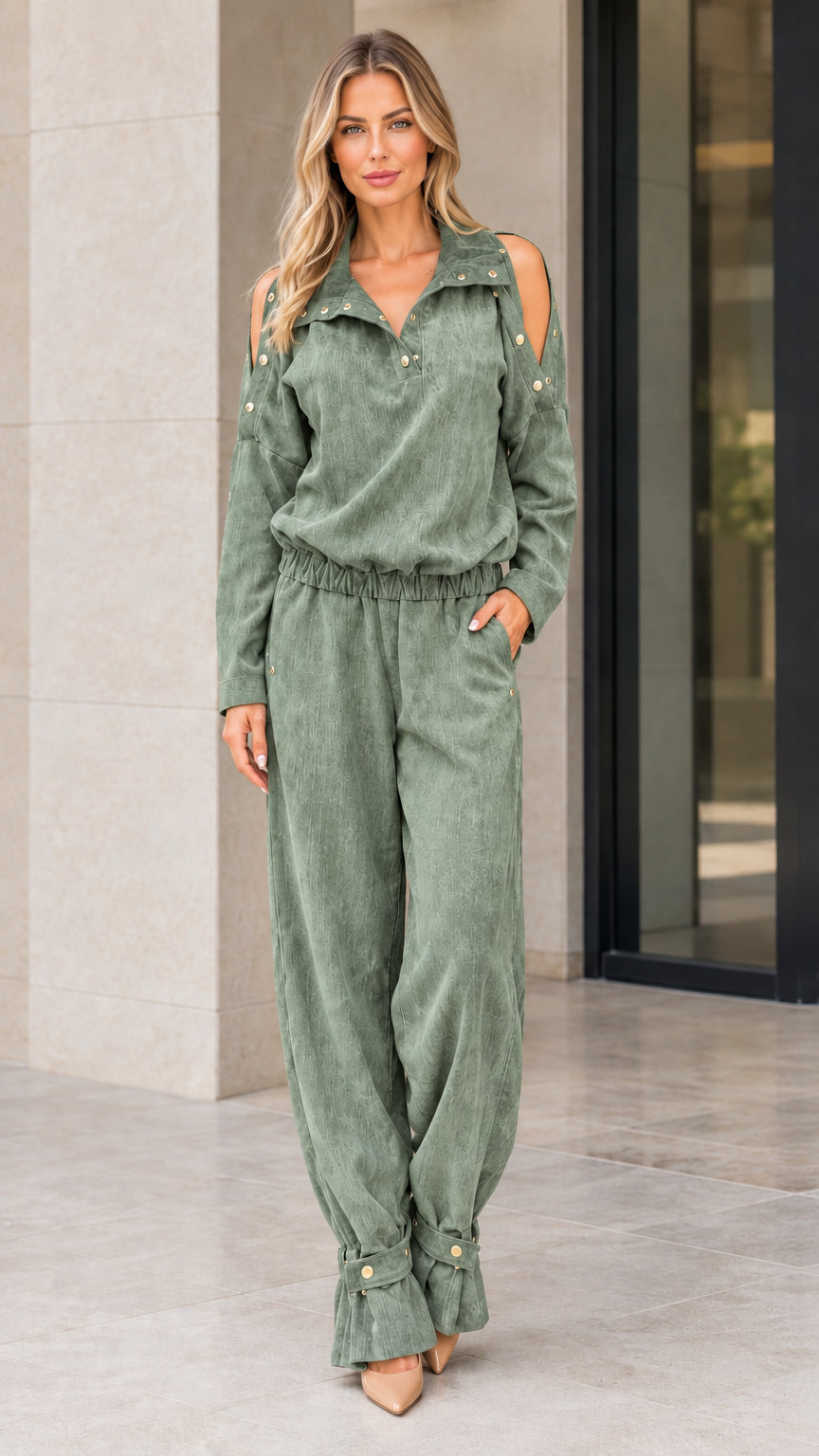 Full front view of model wearing Sage Green cold shoulder utility jumpsuit