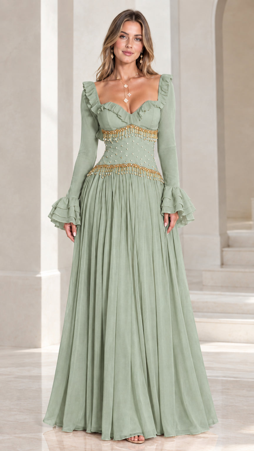 Sage Green long-sleeve ruffled pleated maxi dress front view