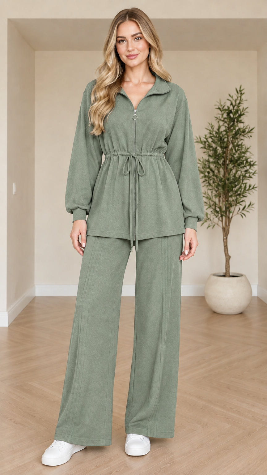 Full front view of sage green two-piece drawstring lounge set