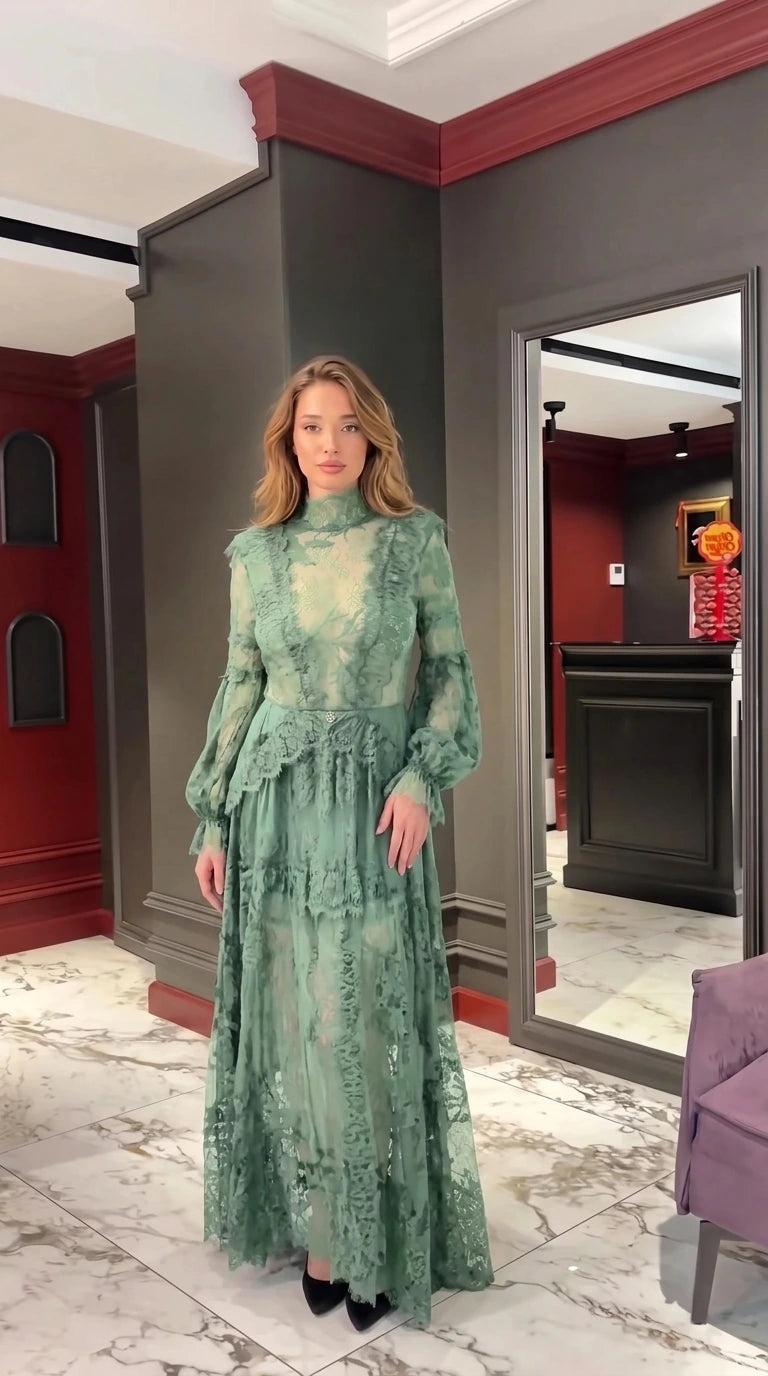 Sage Green long-sleeve high-neck floral lace maxi dress