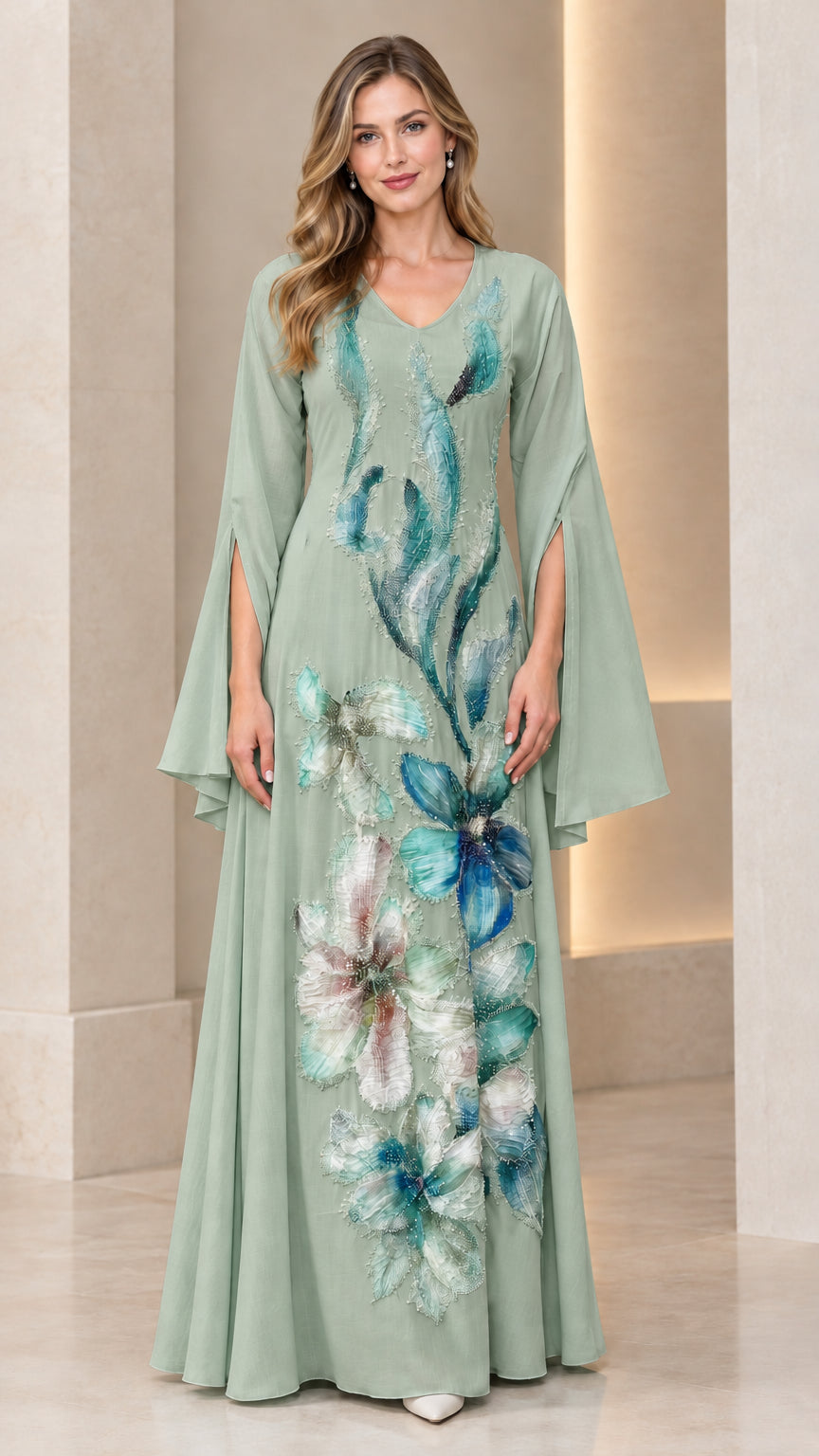 Sage Green floral embroidered split sleeve maxi dress