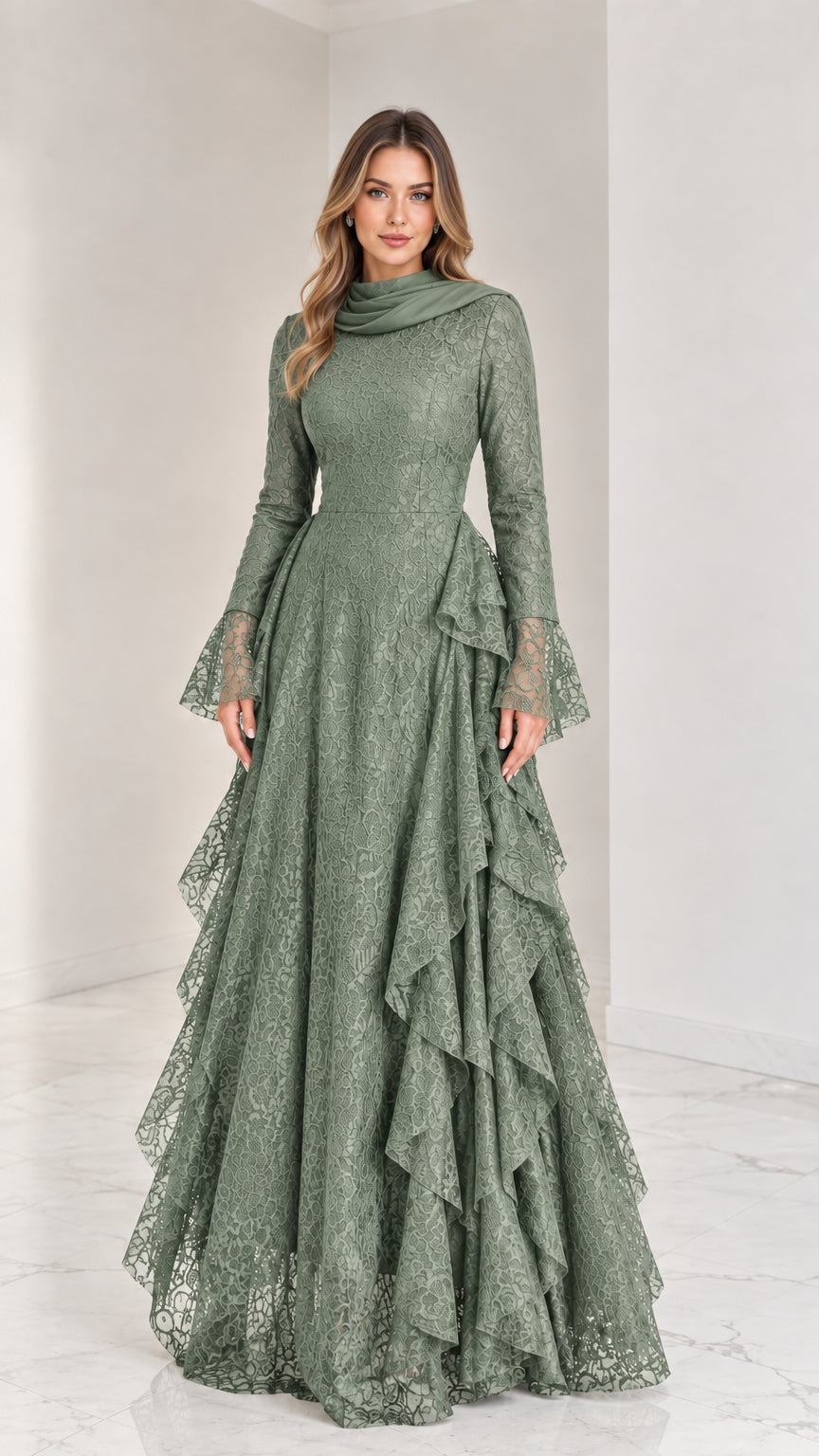 Modest sage green lace evening gown with high neckline and ruffle detail