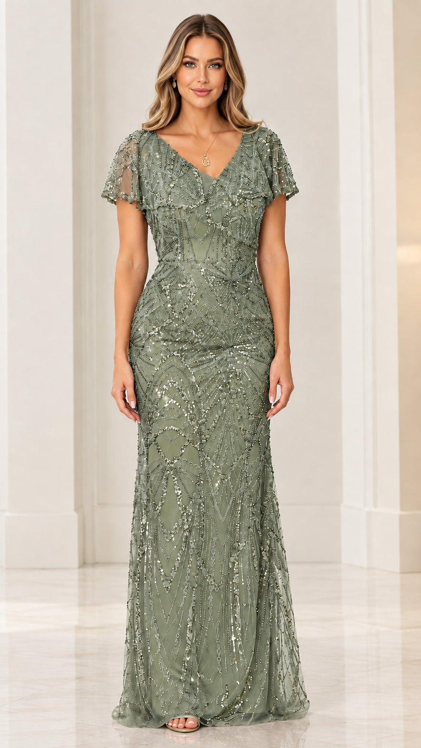 Sage green sequined v-neck maxi evening gown