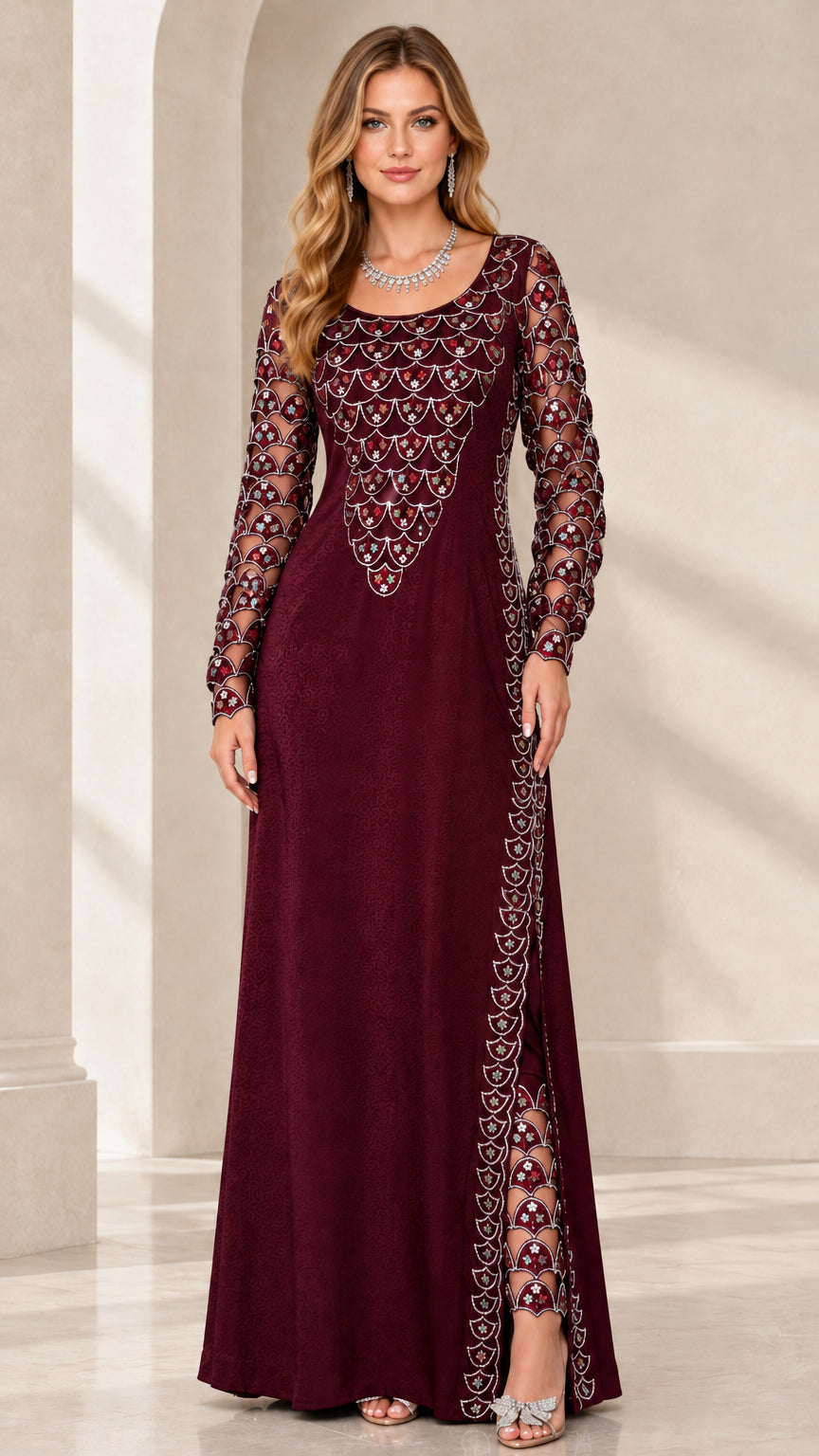 Front view of woman wearing burgundy sequin embroidered maxi formal evening dress