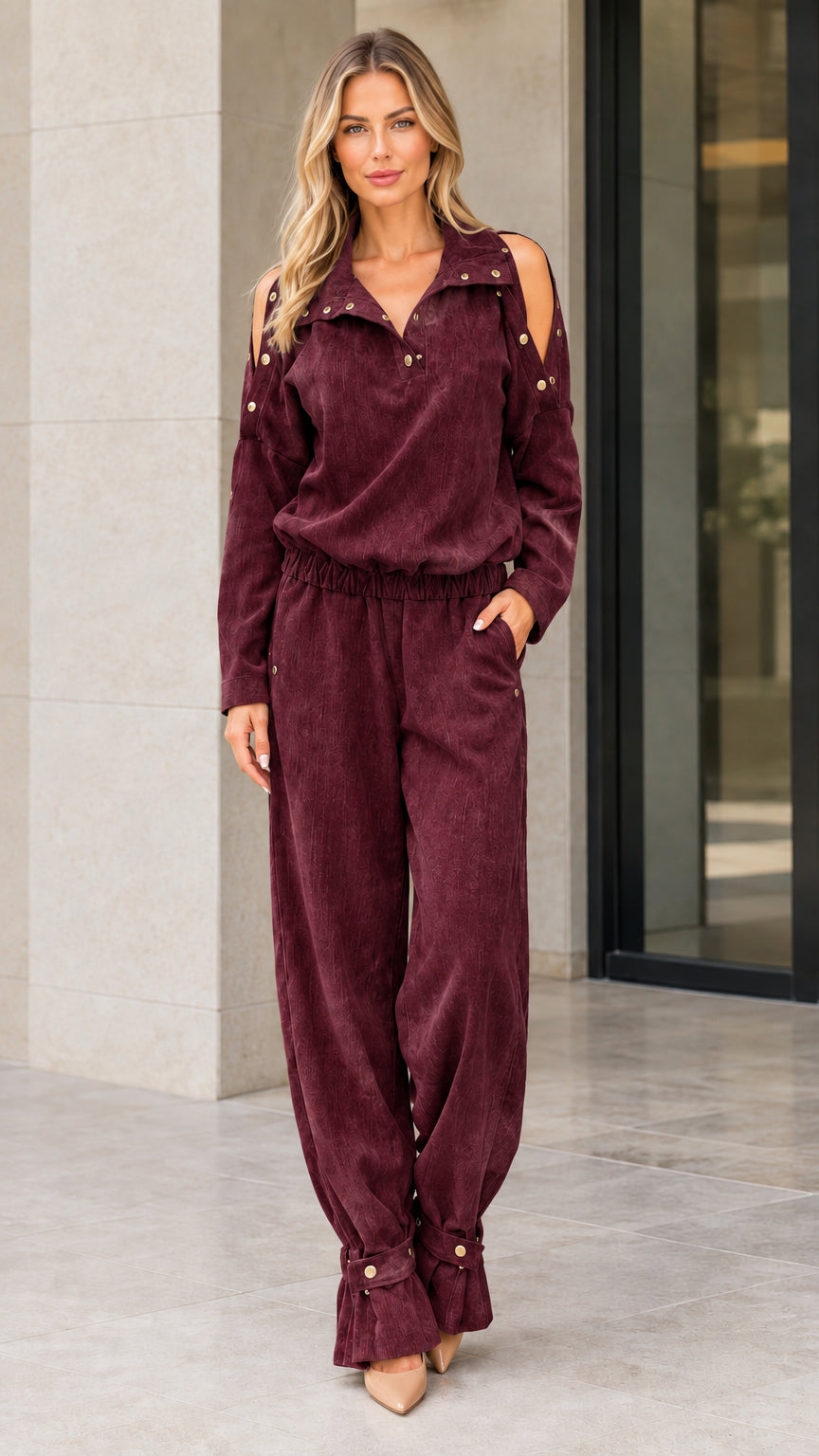 Full front view of model wearing Burgundy cold shoulder utility jumpsuit