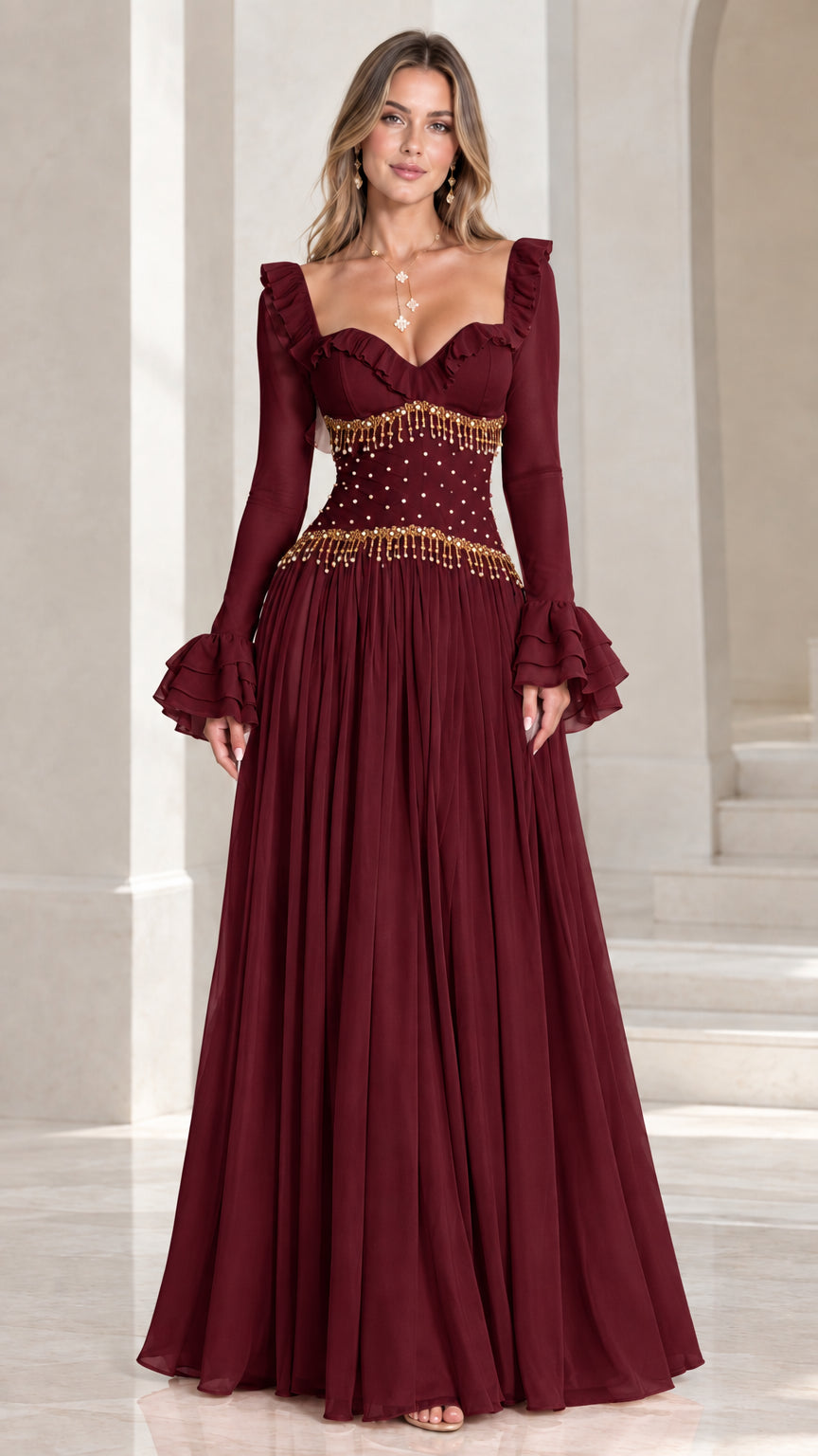 Burgundy red formal evening maxi gown with beaded details front view