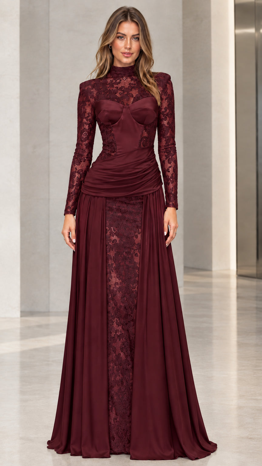 Burgundy wine red lace bodice draped formal gown
