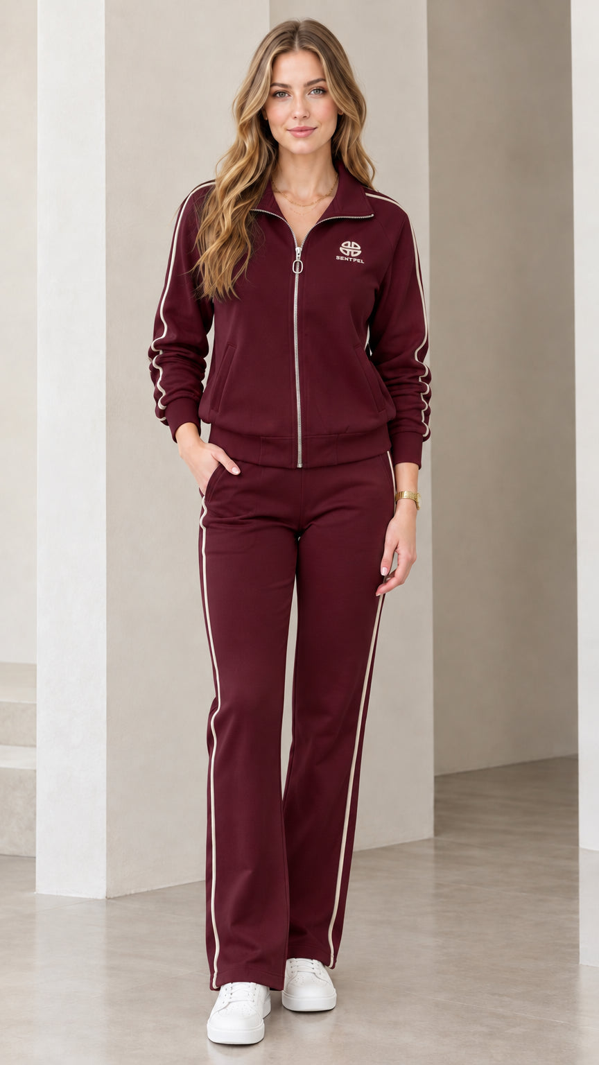 Women's burgundy two-piece tracksuit set with contrast side stripes