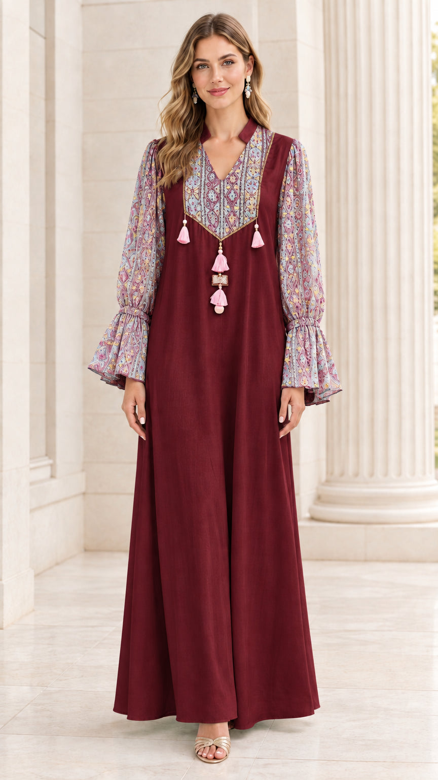 Burgundy long sleeve A-line maxi dress with tassel trim