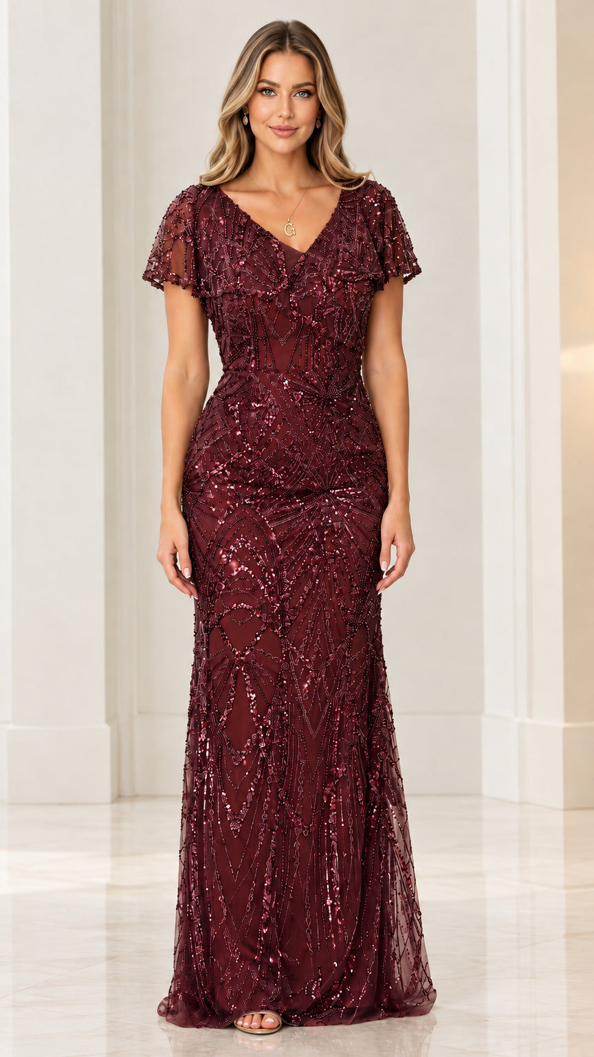 Burgundy wine sequined flutter sleeve floor length dress