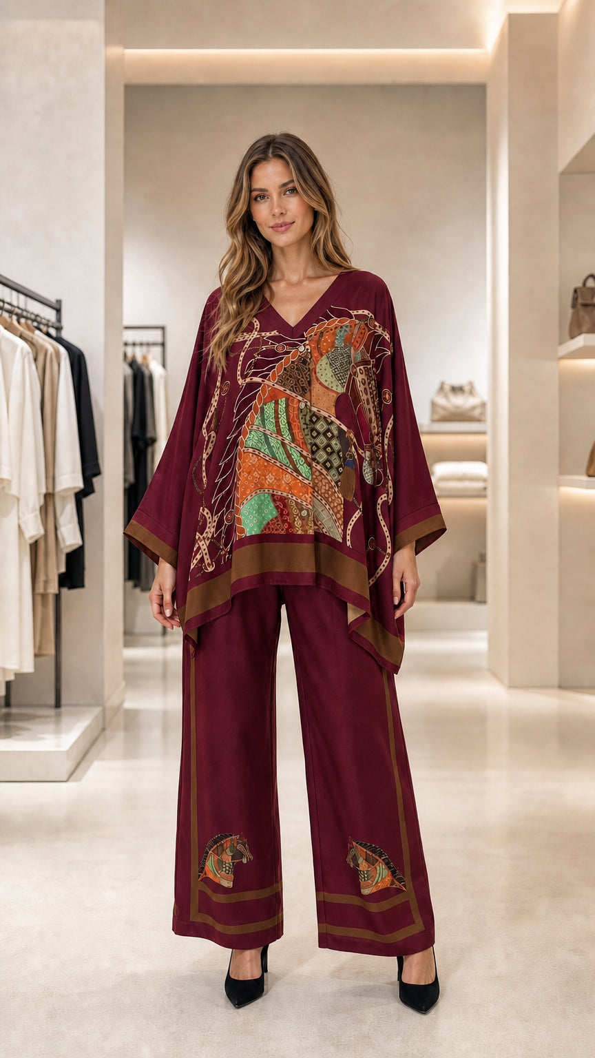 Burgundy wine red equestrian print matching top and wide-leg pants set