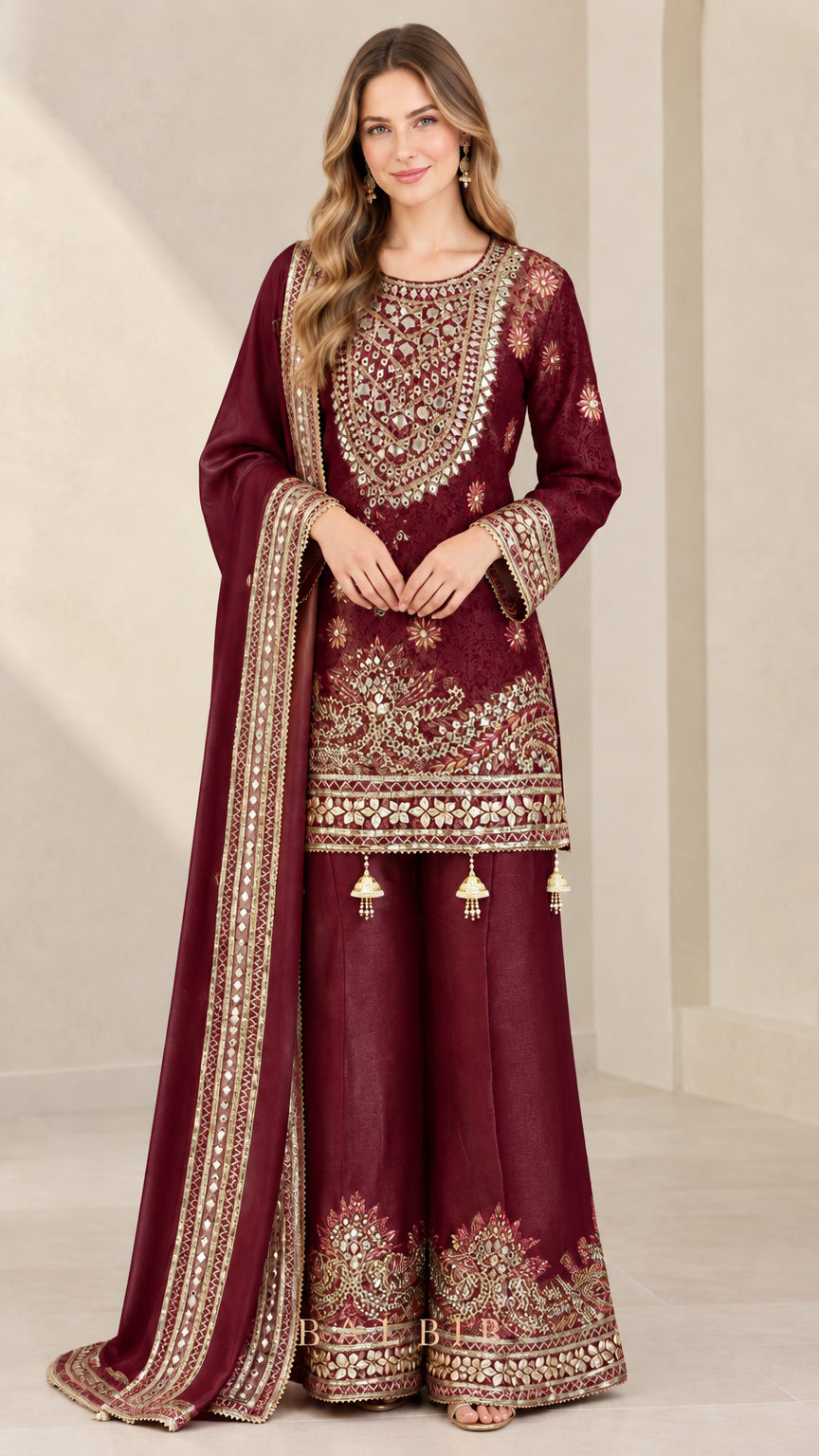 Front view of woman wearing Maroon embroidered sharara suit set with dupatta
