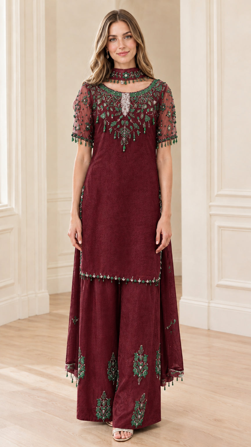 Full front view of Burgundy wine beaded tunic and wide-leg palazzo pant set