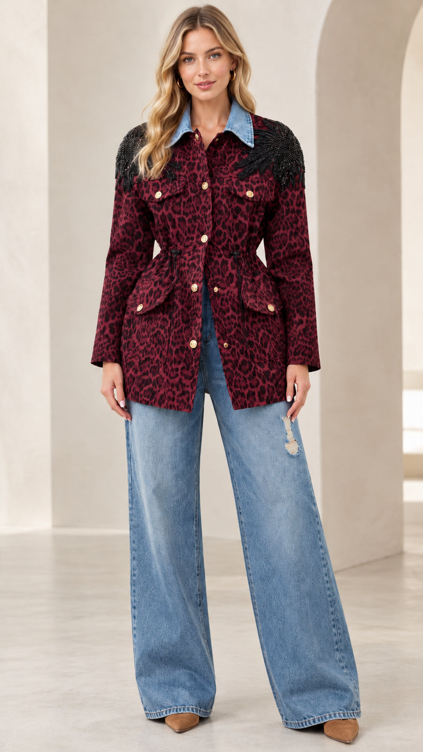 Model wearing burgundy red leopard utility jacket with denim collar