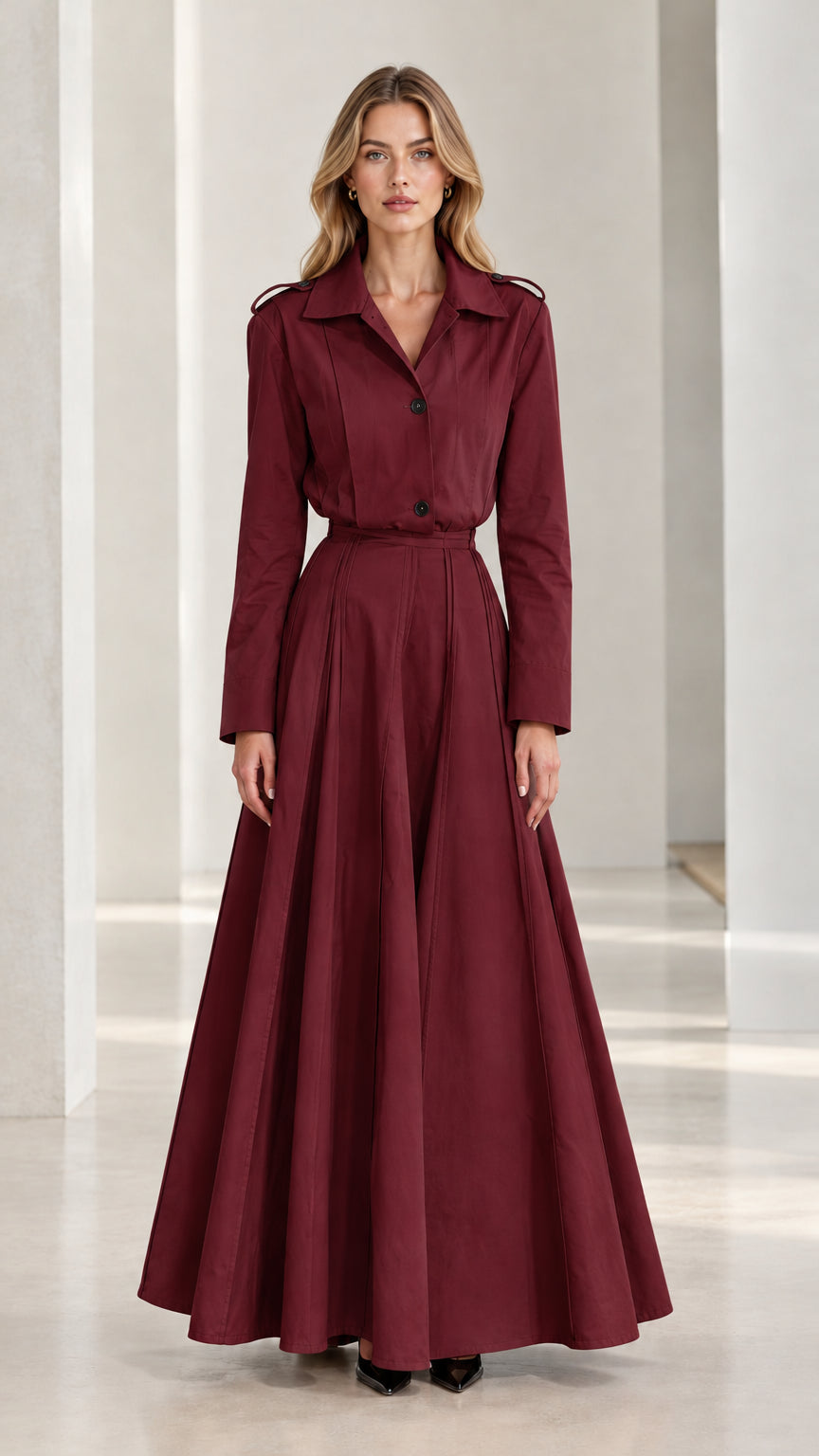 Front view of burgundy wine pleated long sleeve trench maxi dress