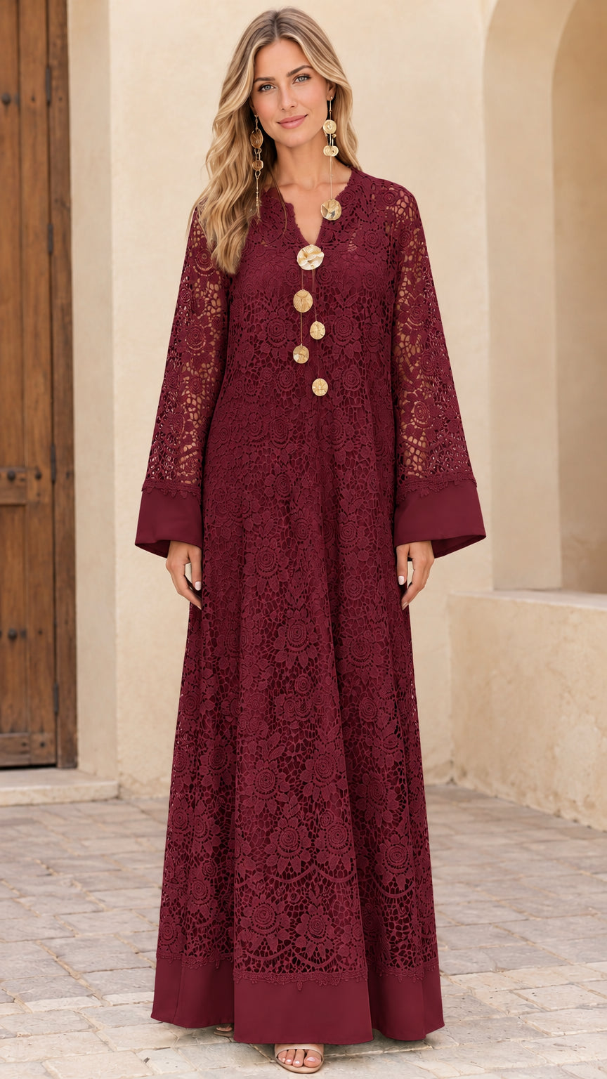 Front view of model wearing Burgundy floral lace kaftan maxi dress