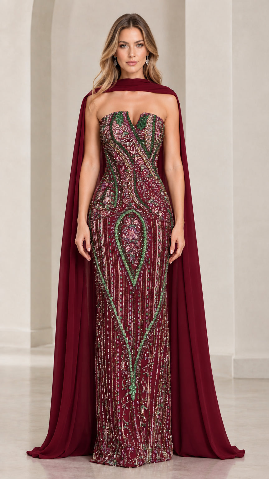 Full-length view of burgundy red beaded column formal dress with matching burgundy cape