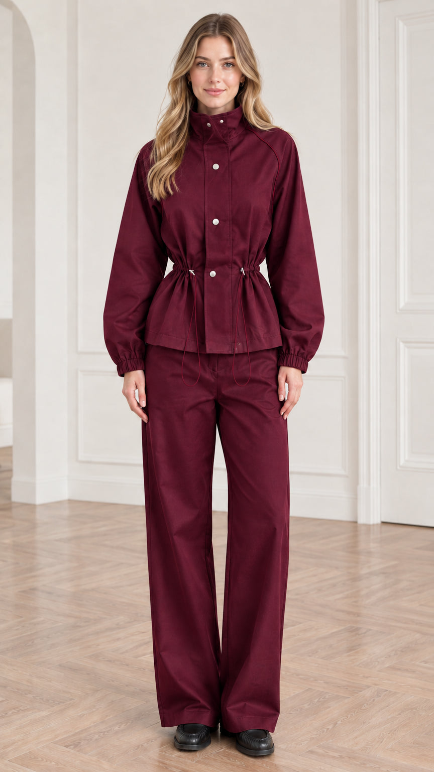 Front view of woman wearing burgundy wine red windbreaker jacket and matching trousers set