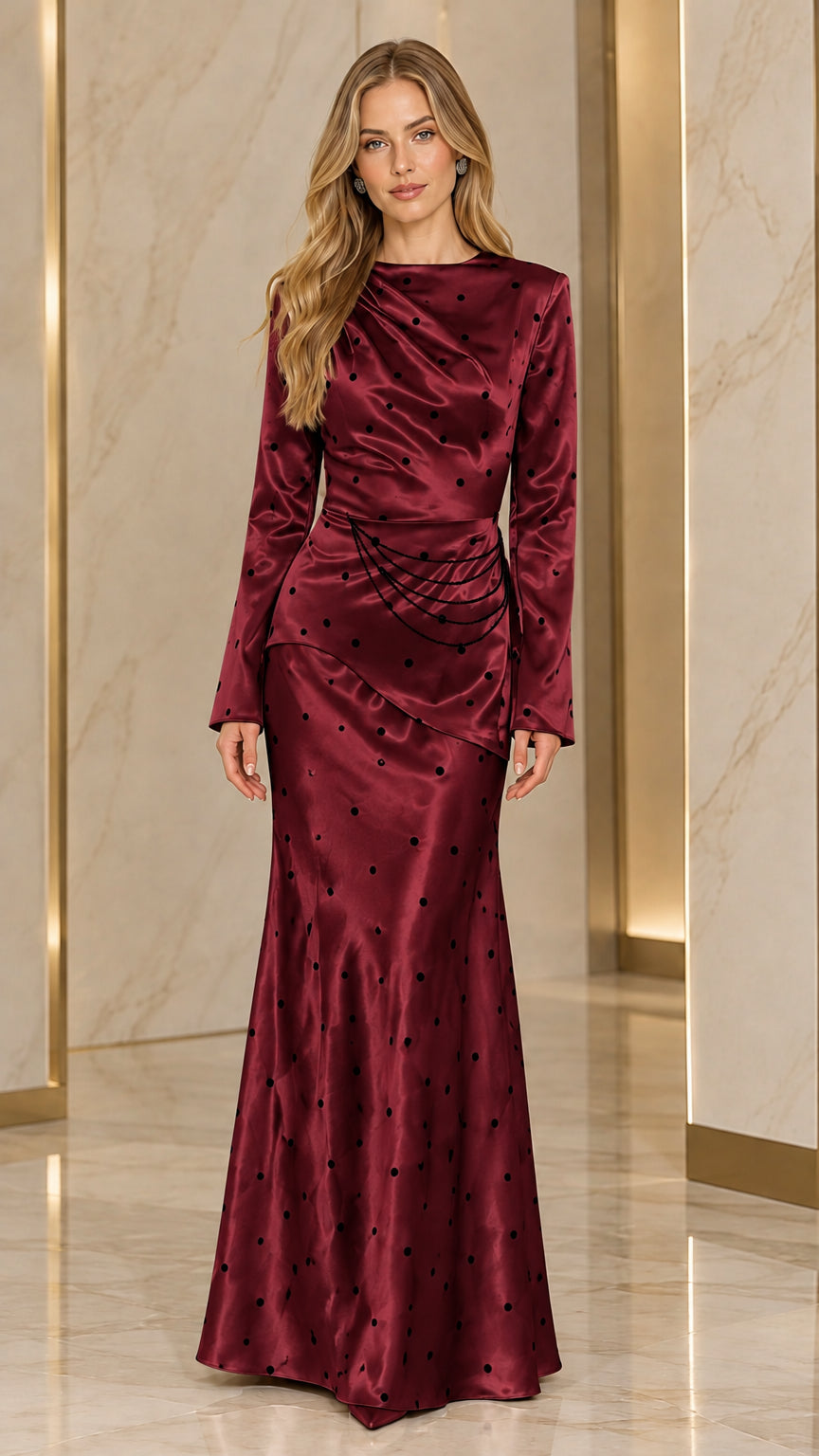 Burgundy wine red polka dot satin evening maxi dress